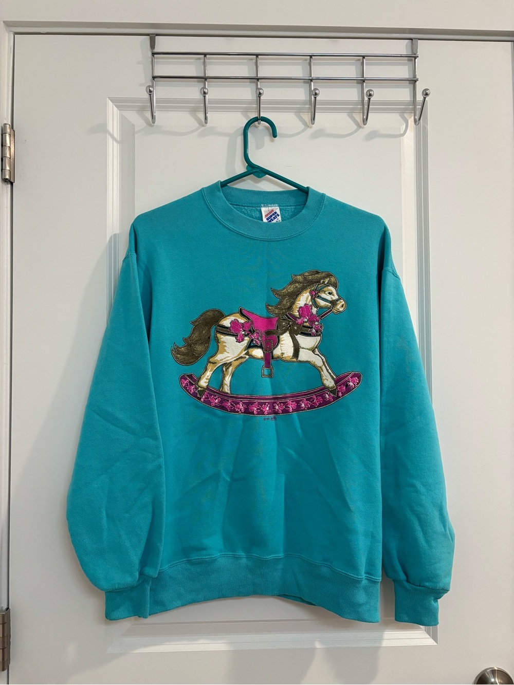 1994 Adult Medium Jerzees Teal Crewneck Sweatshirt with Rocking Horse Appliqué